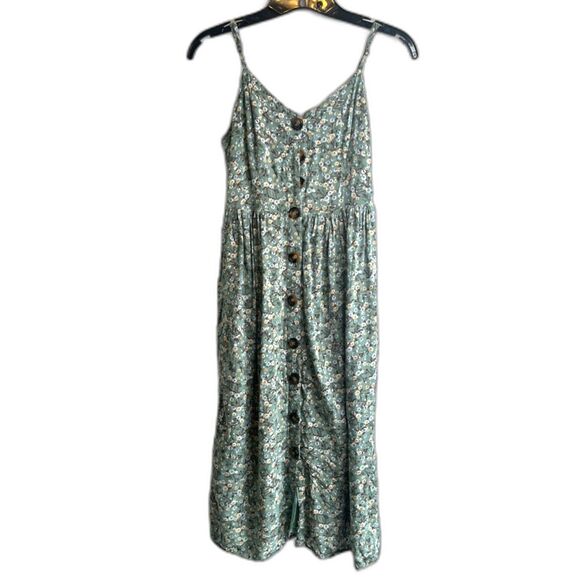 Japna Green Floral Print Button Front Sleeveless Boho Halter Dress Size Small - Picture 1 of 9
